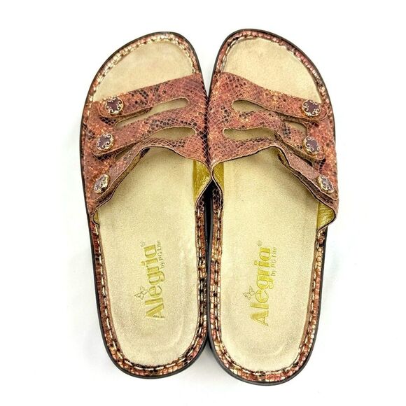 Alegria FIONA Copper Snakeskin Wedge Triple Strap Slide Support Sandals - Picture 7 of 16